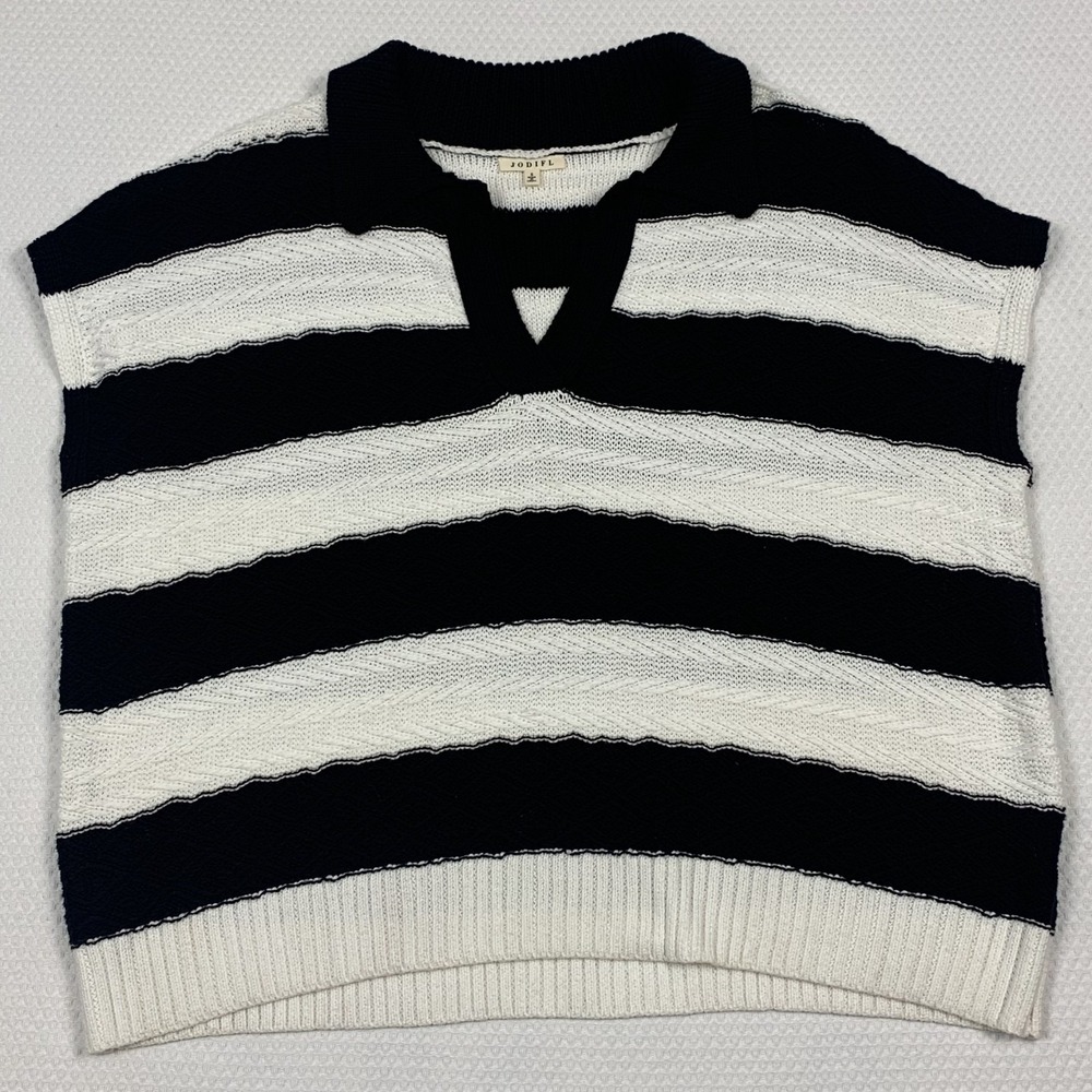 Jodifl Sweater Top Womens Small Black White Striped Collared V-Neck Knit H41045